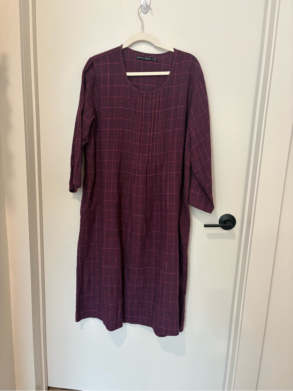 Gudrun Sjoden Burgundy 100% Linen Midi Dress Pockets Boho Lagenlook Artsy XL